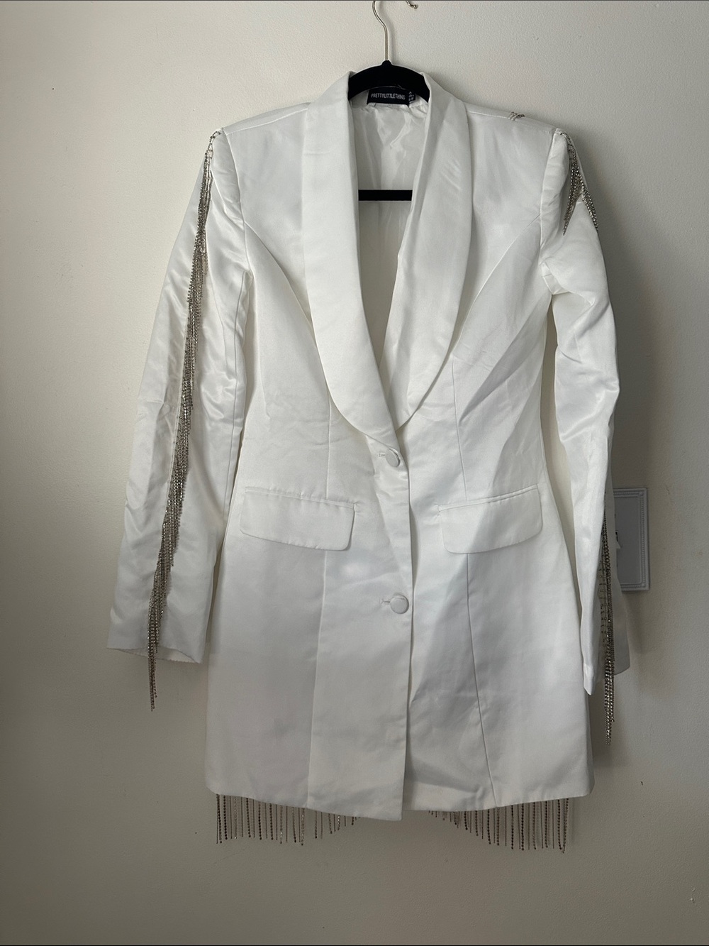 PrettyLittleThing White Satin Blazer Dress with Silver Rhinestone Chain Fringe